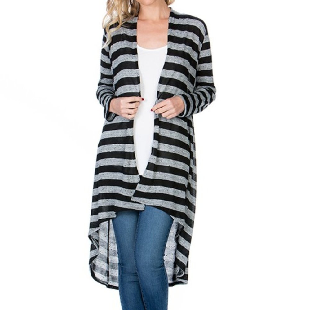 Black and Gray Striped High Low Long Cardigan